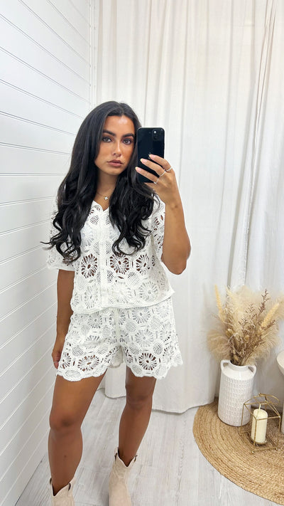 Diamante Crochet Cardigan and Shorts Co-Ord - WHITE