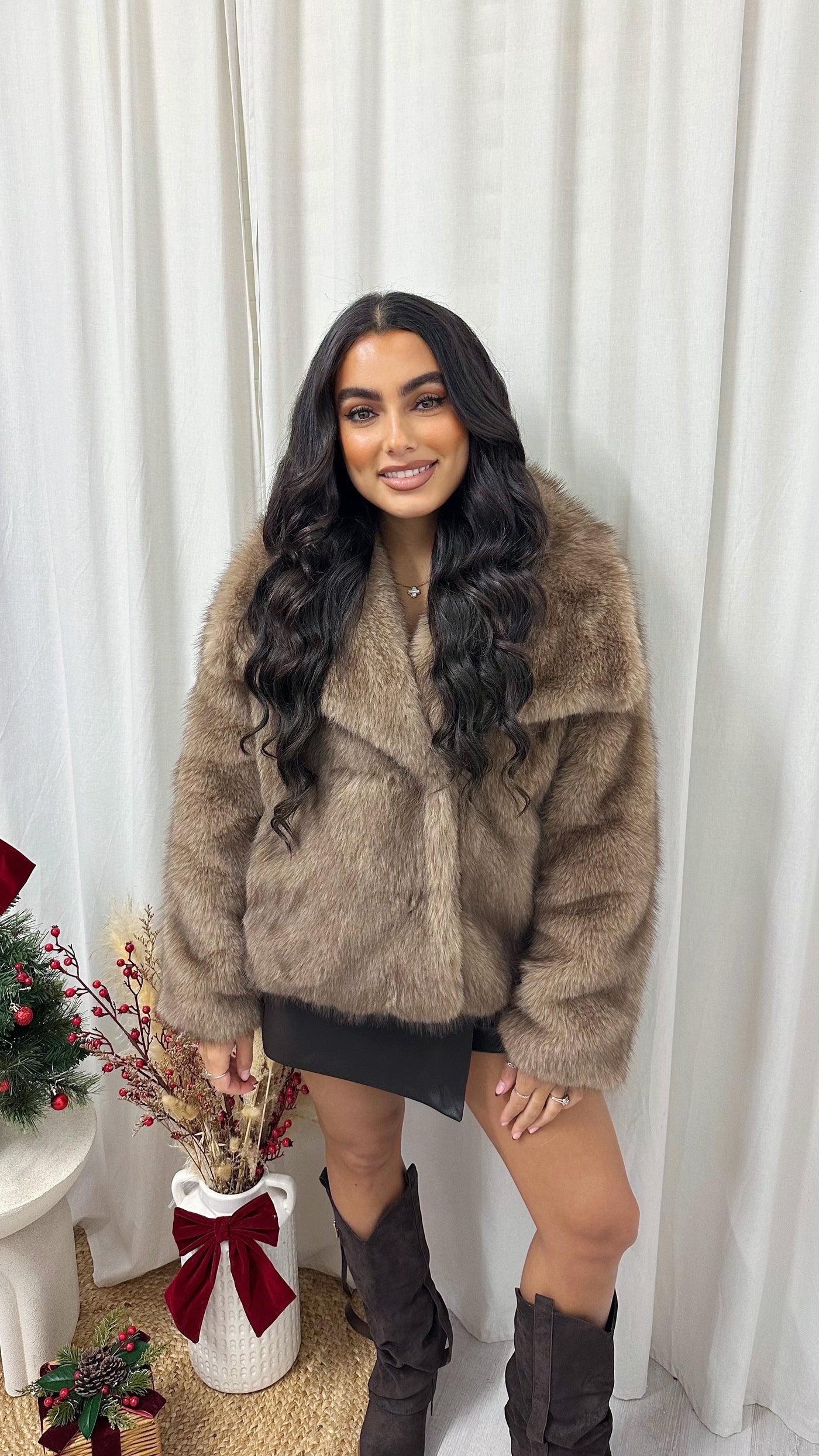 Oversized Lapel Faux Fur Coat - CARAMEL
