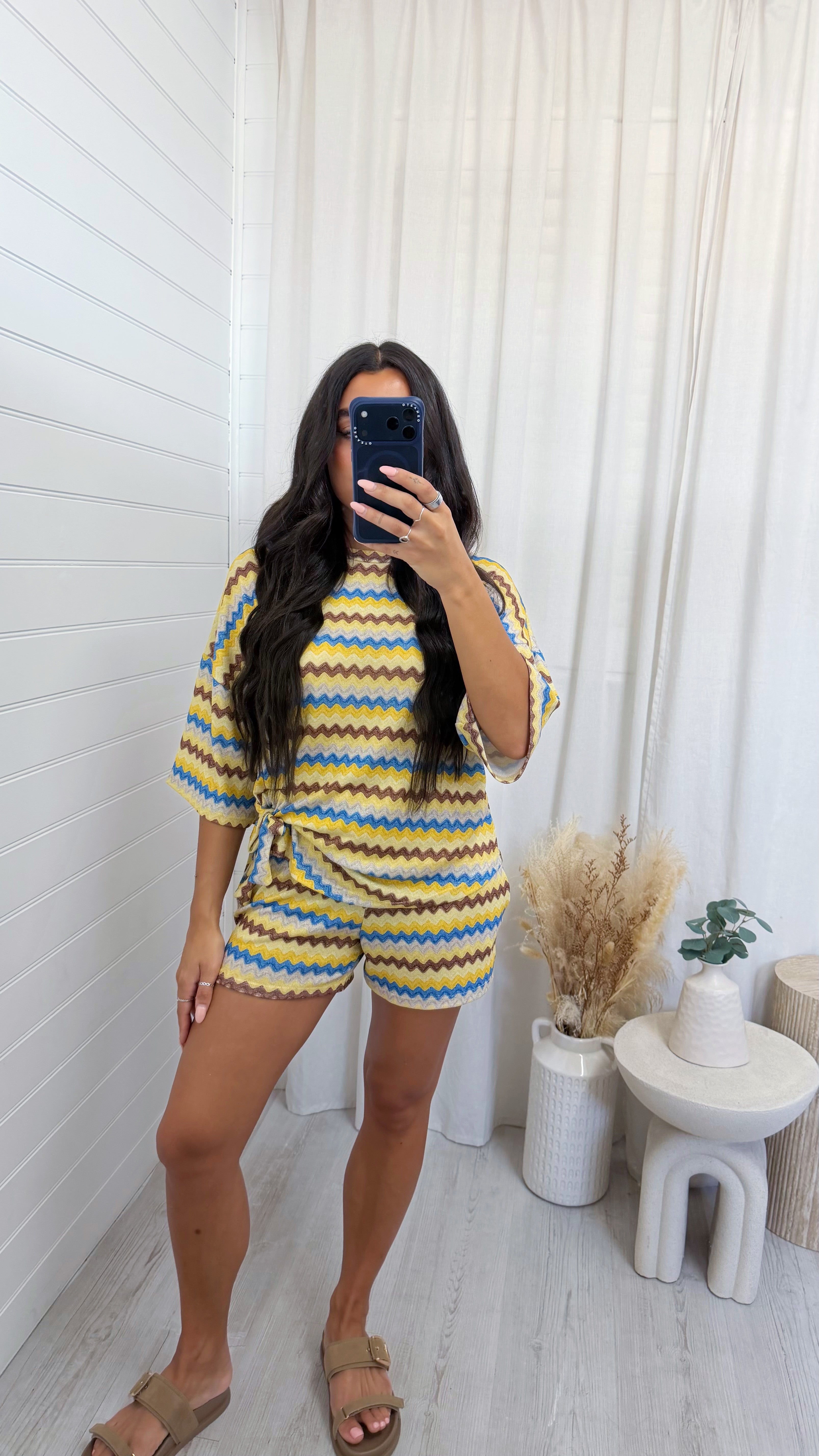 Zig Zag Tie Front T-Shirt and Shorts Co-Ord - YELLOW/BLUE