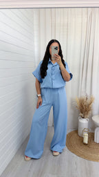 Chunky Button Shirt and Wide Leg Trousers Co-Ord - BLUE