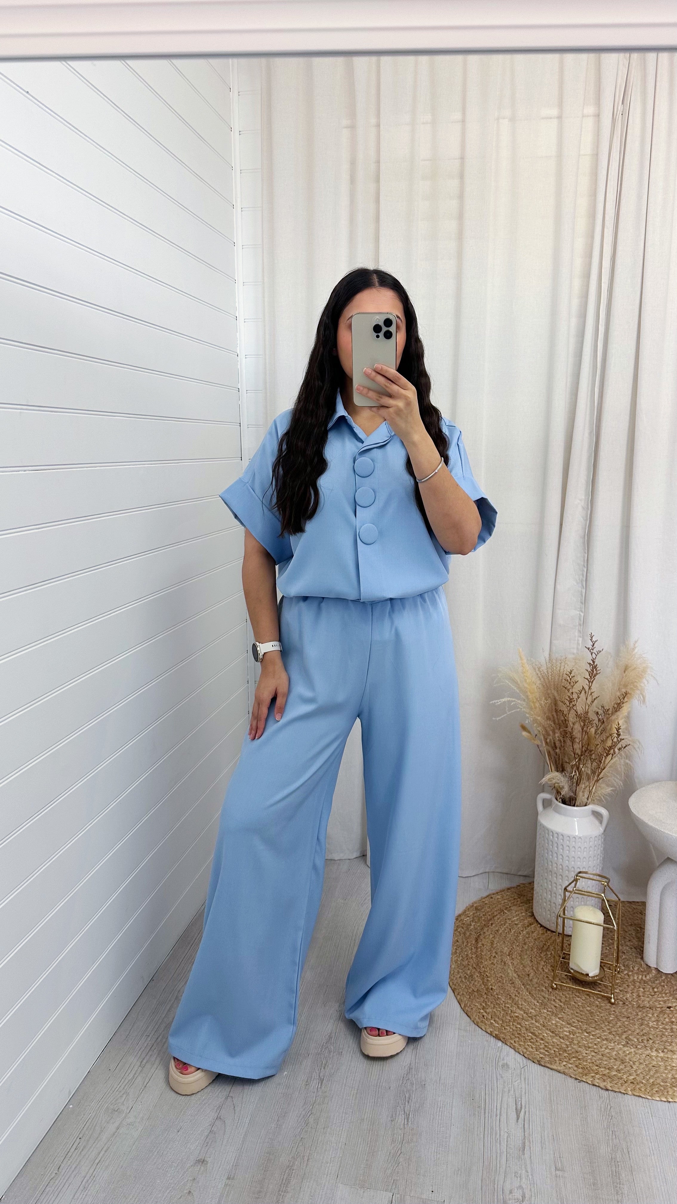 Chunky Button Shirt and Wide Leg Trousers Co-Ord - BLUE
