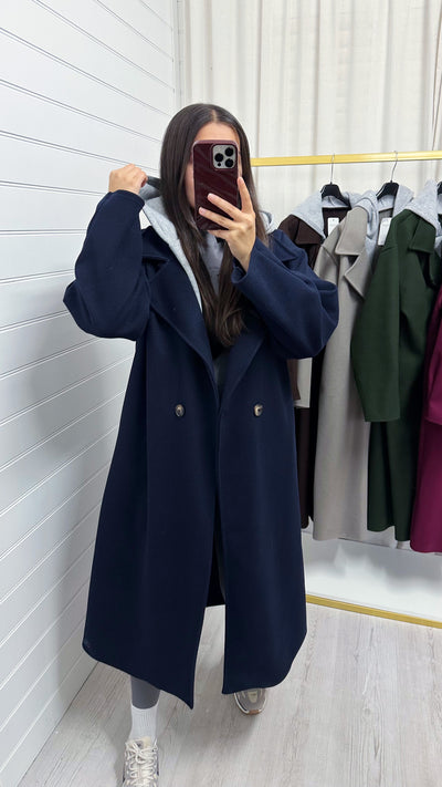Oversized Woollen Hooded Mac - NAVY