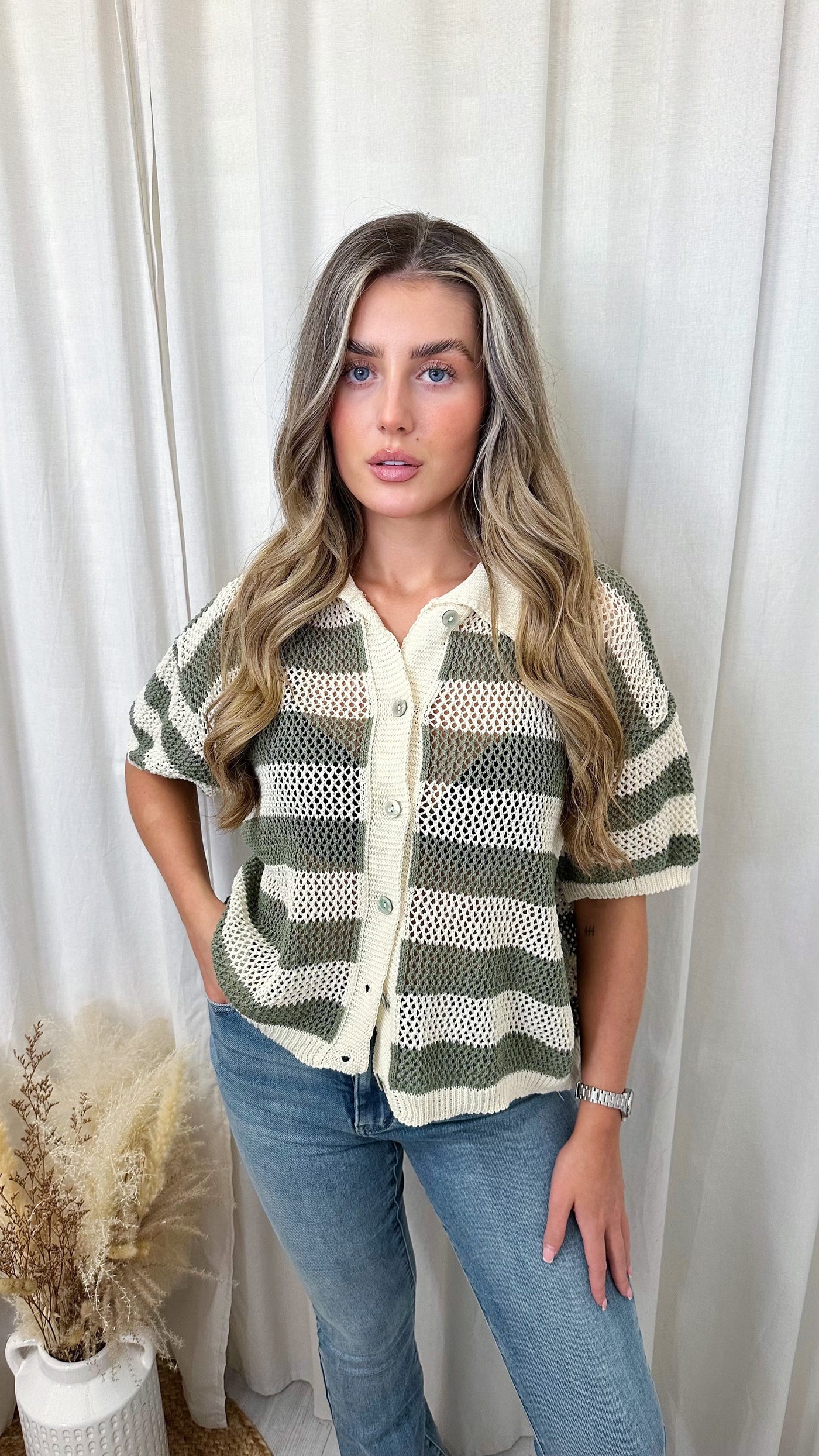 Stripey Knitted Crop Cardigan - KHAKI
