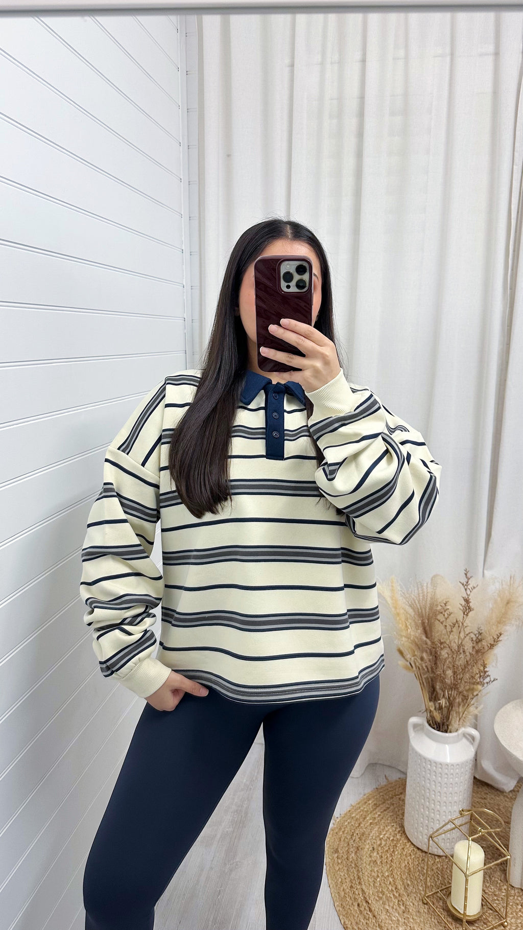 Stripey Fleece Rugby Sweatshirt - CREAM/NAVY
