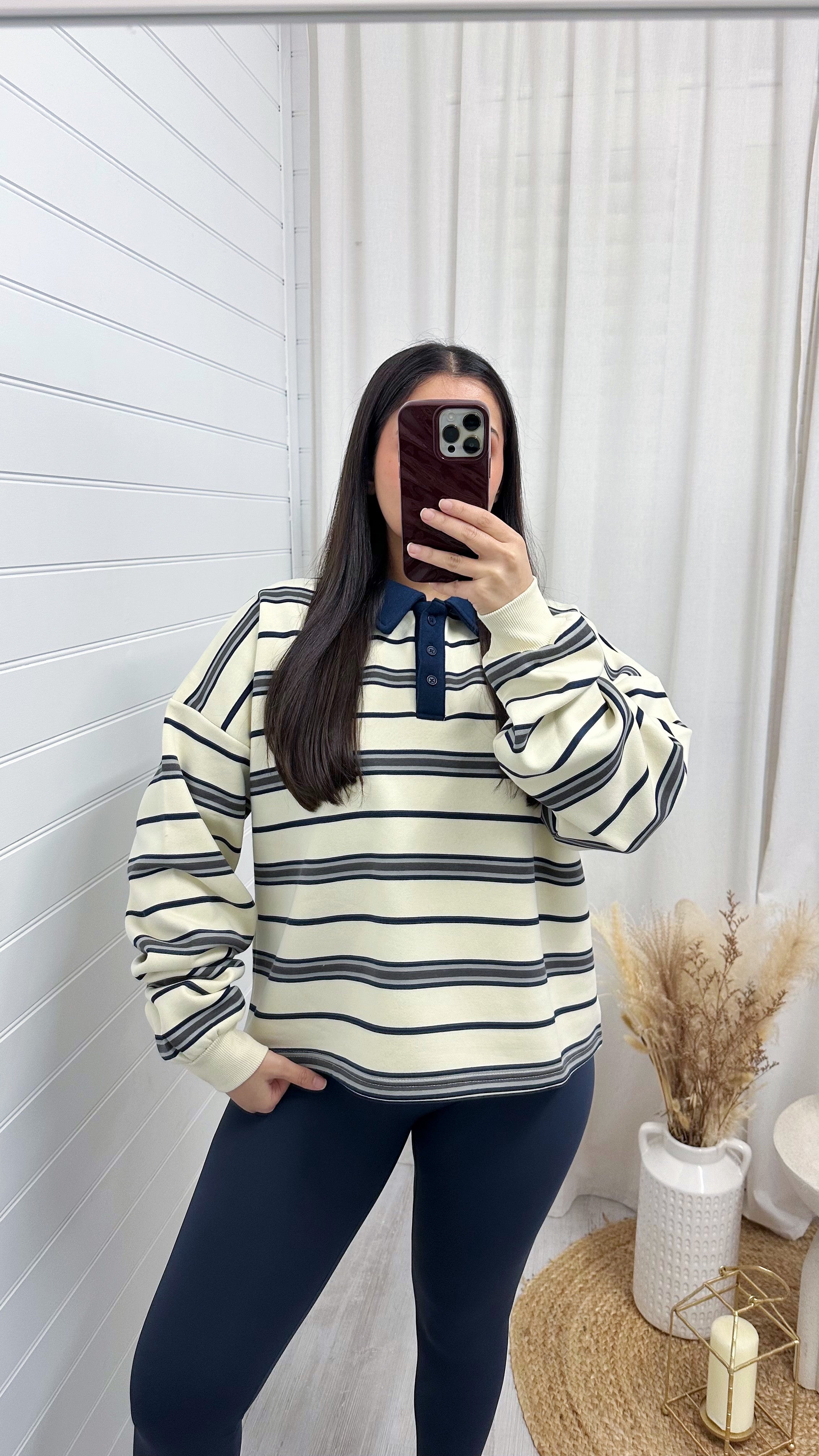 Stripey Fleece Rugby Sweatshirt - CREAM/NAVY