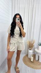 Cinched Gold Button Top and Shorts Co-Ord - LIGHT BEIGE