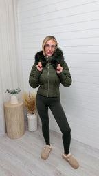 Fur Hooded Cinched Coat - KHAKI