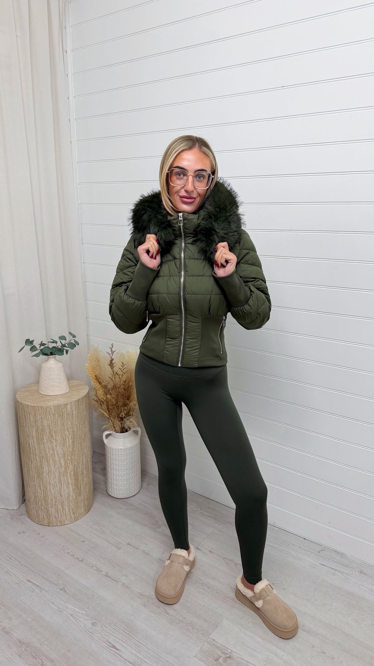 Fur Hooded Cinched Coat - KHAKI