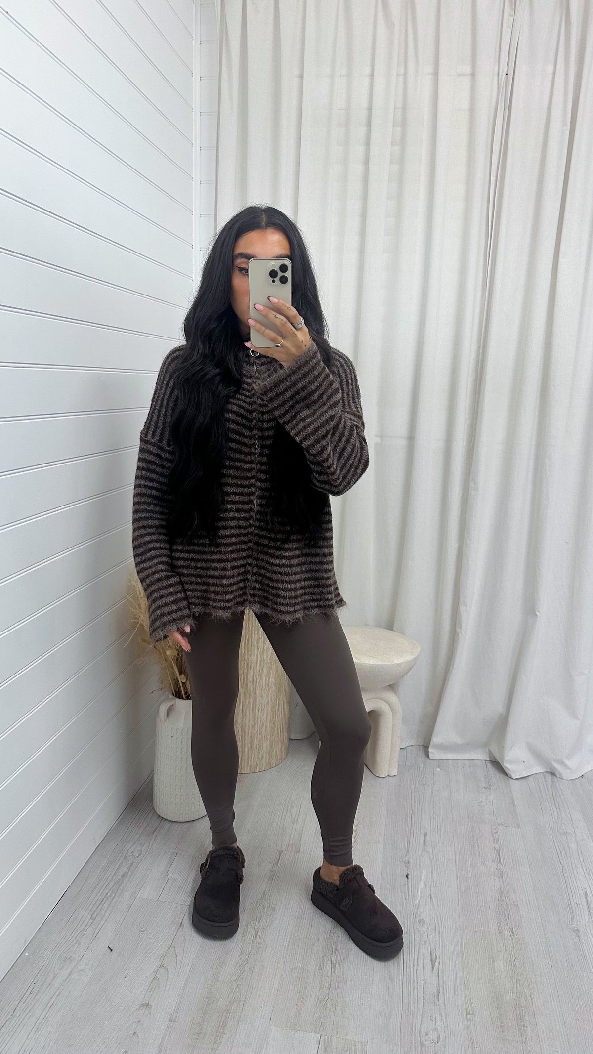 Stripe Zip Woollen Jacket  - BROWN