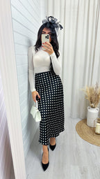 Polka Dot Satin Midi Skirt - BLACK
