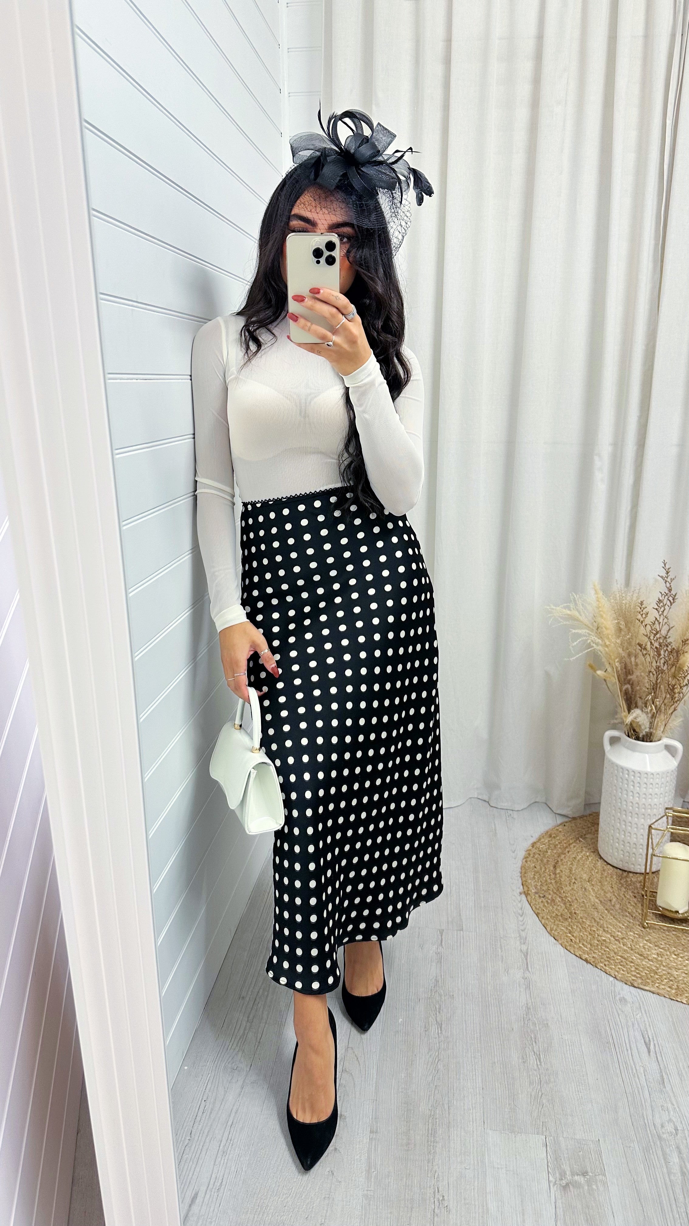 Polka Dot Satin Midi Skirt - BLACK