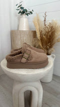 Suede Buckle Strap Platform Slippers - KHAKI
