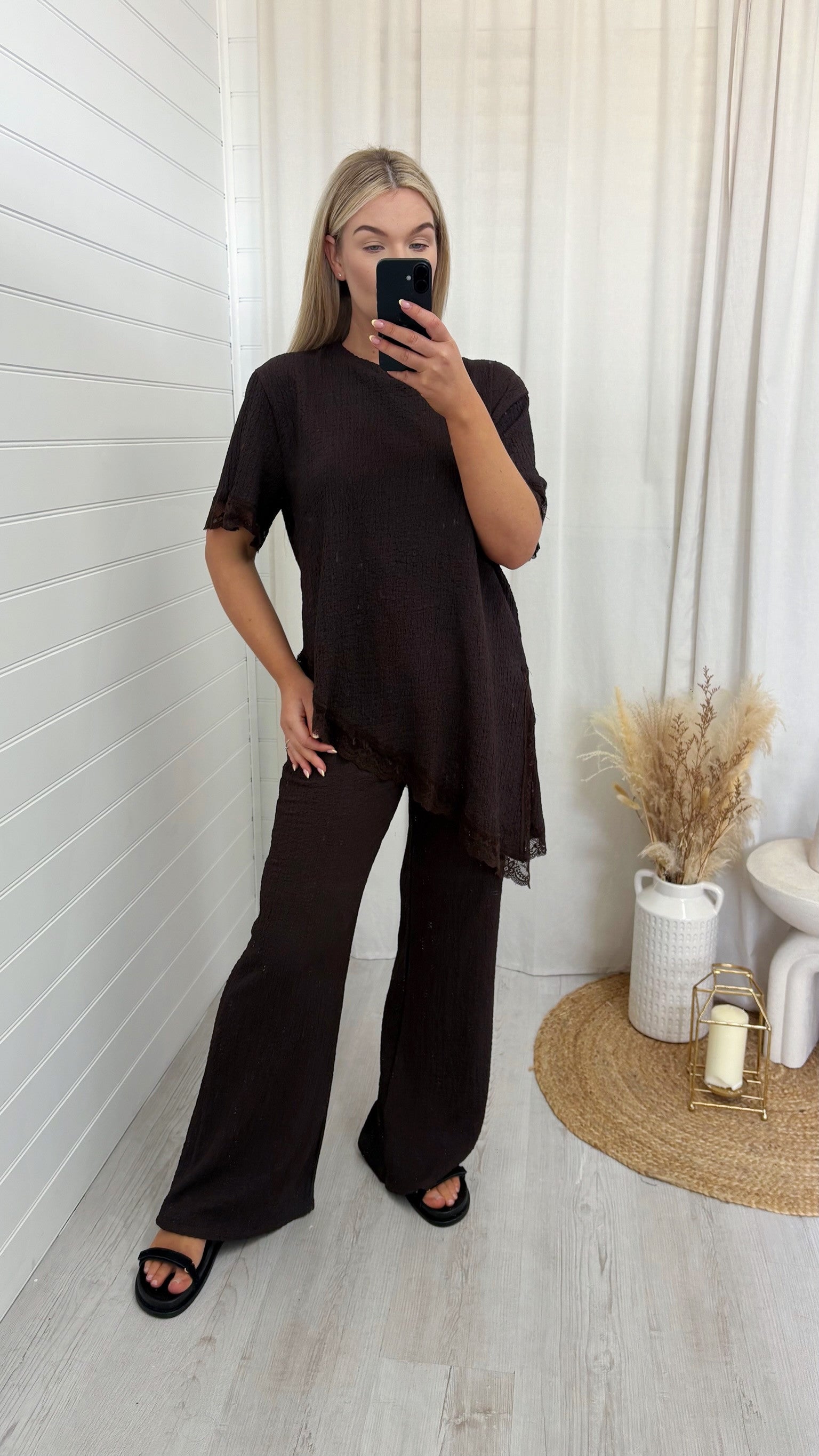 Lace Hem Asymmetric Co-Ord - BROWN