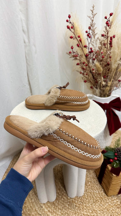 Embroidered Trim Faux Fur Slippers - CAMEL