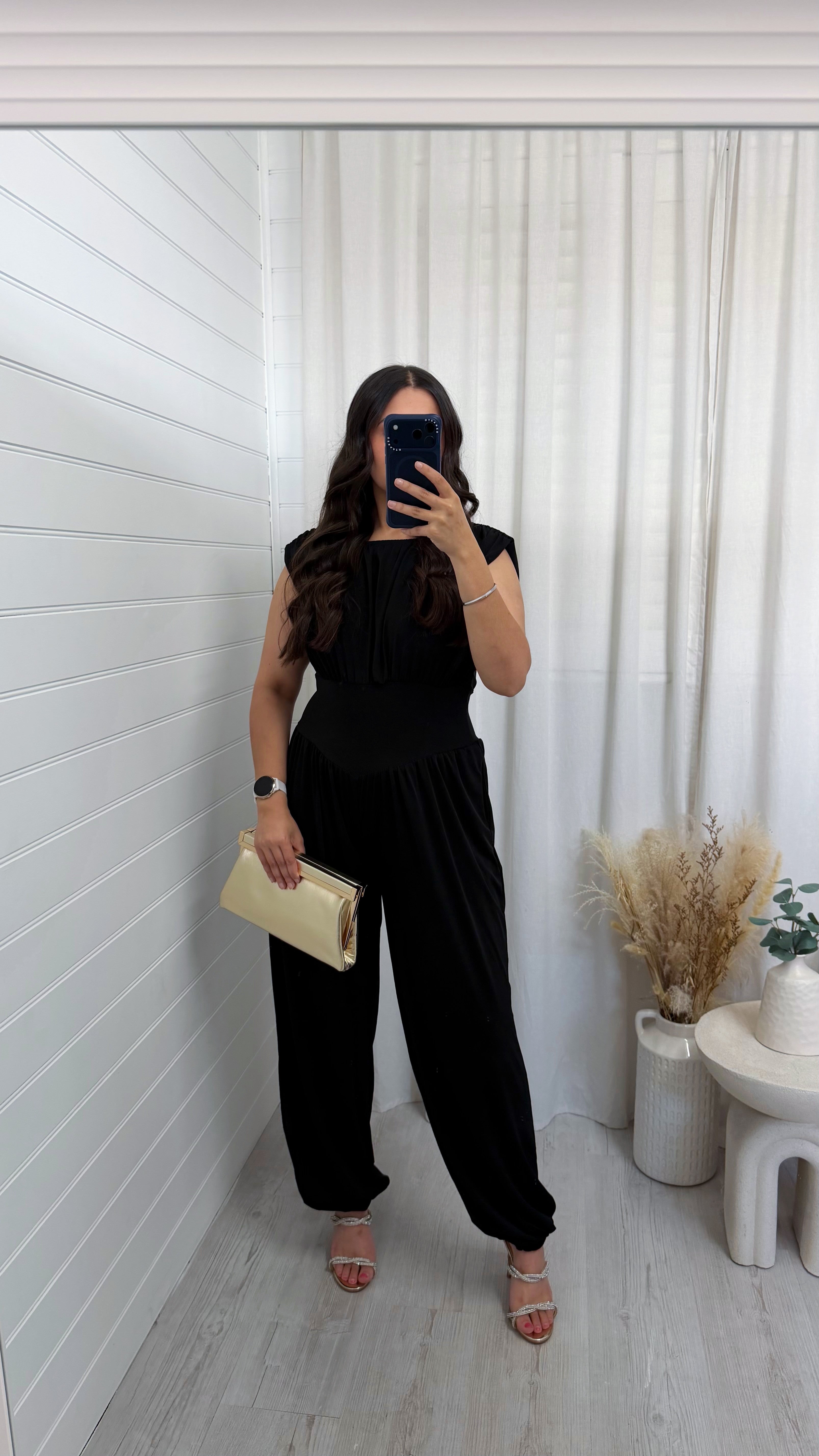 Cinch Waist Ruched Jumpsuit - BLACK