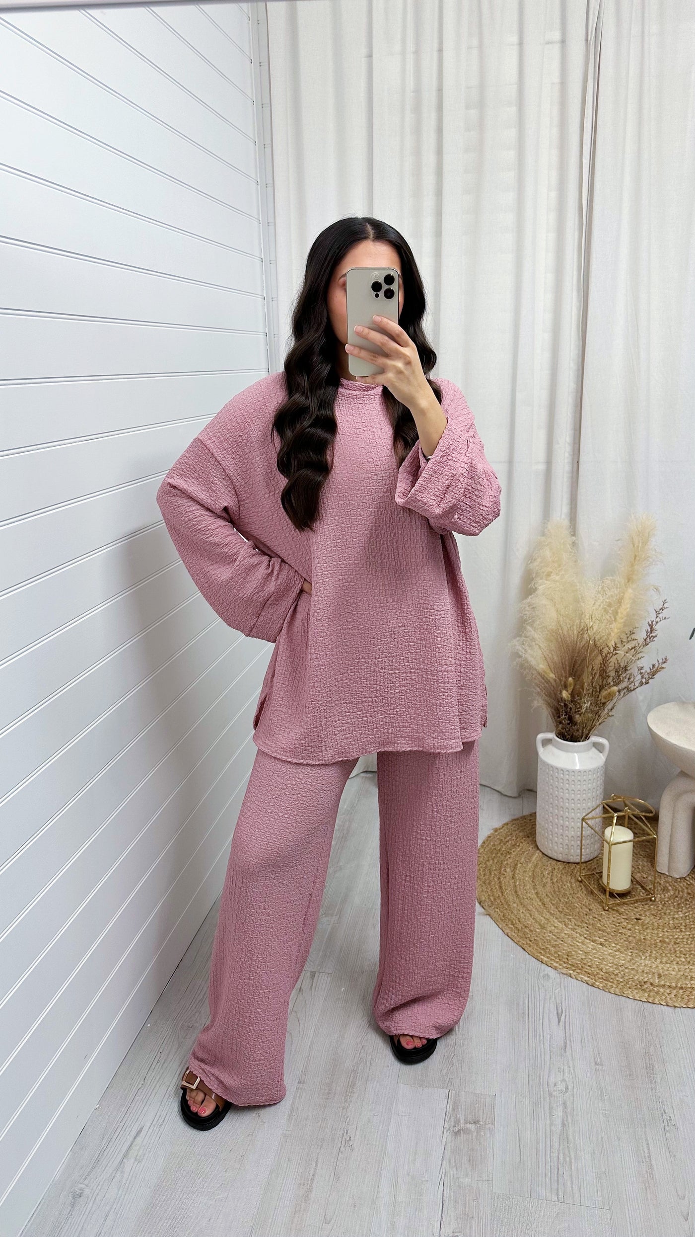 Loose Fit Cheesecloth Long Sleeve Top and Trousers Co-Ord - DUSTY PINK