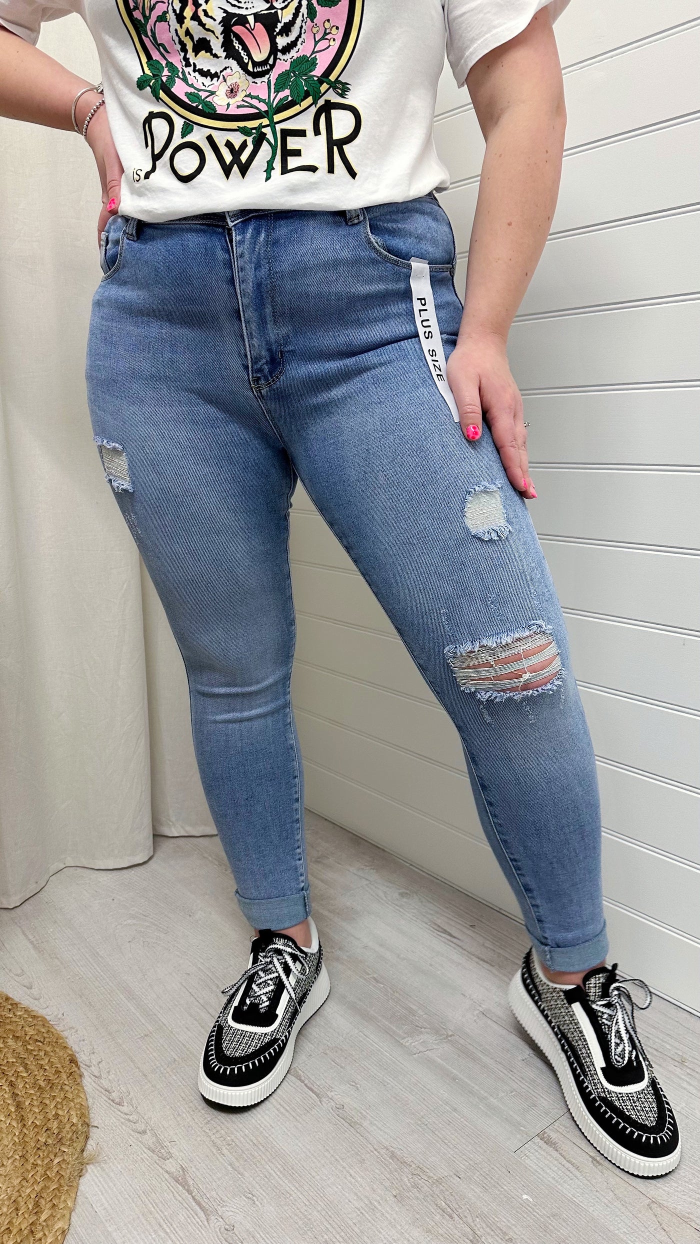 PLUS High Waisted Stretchy Ripped Skinny Jeans - DENIM BLUE