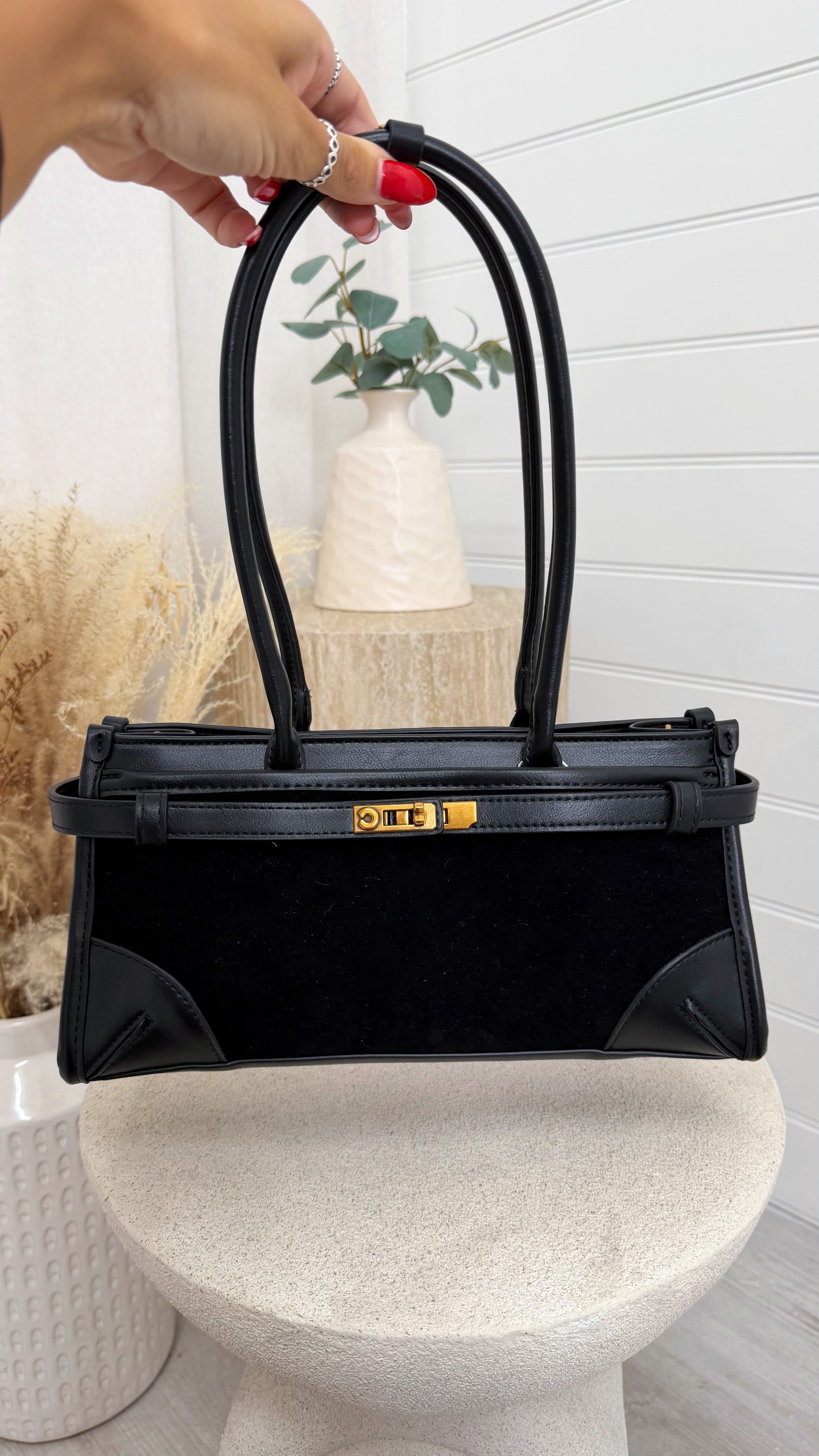 Suede and Leather Top Handle Bag - BLACK
