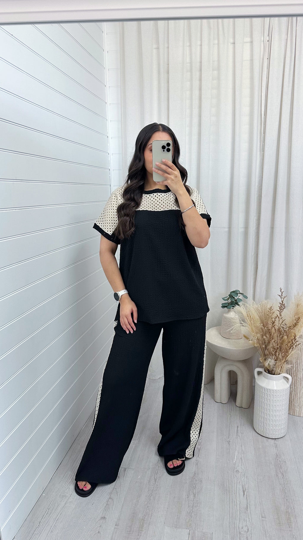 Metallic Mesh T-Shirt and Trouser Co-Ord - BLACK