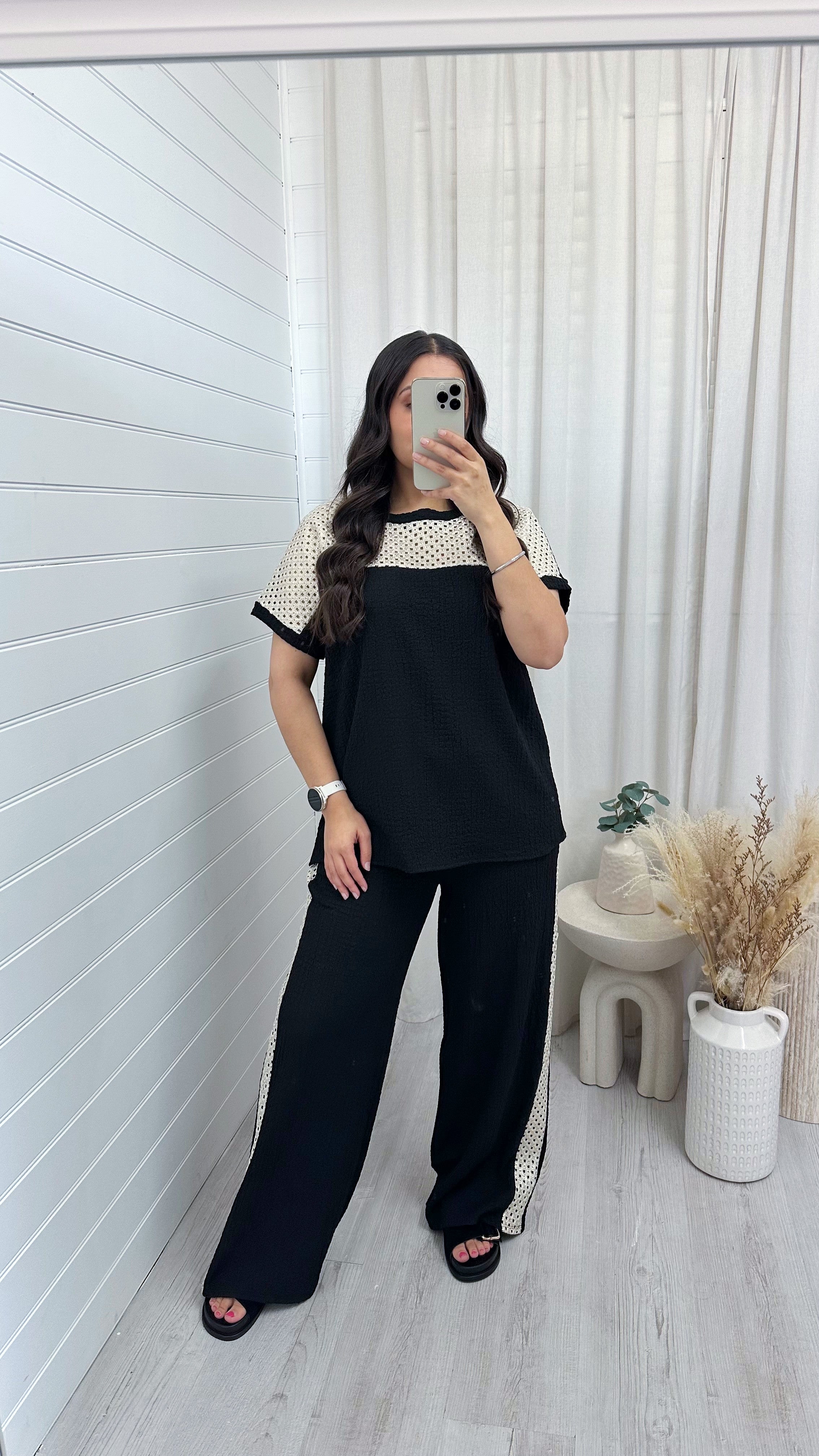 Metallic Mesh T-Shirt and Trouser Co-Ord - BLACK