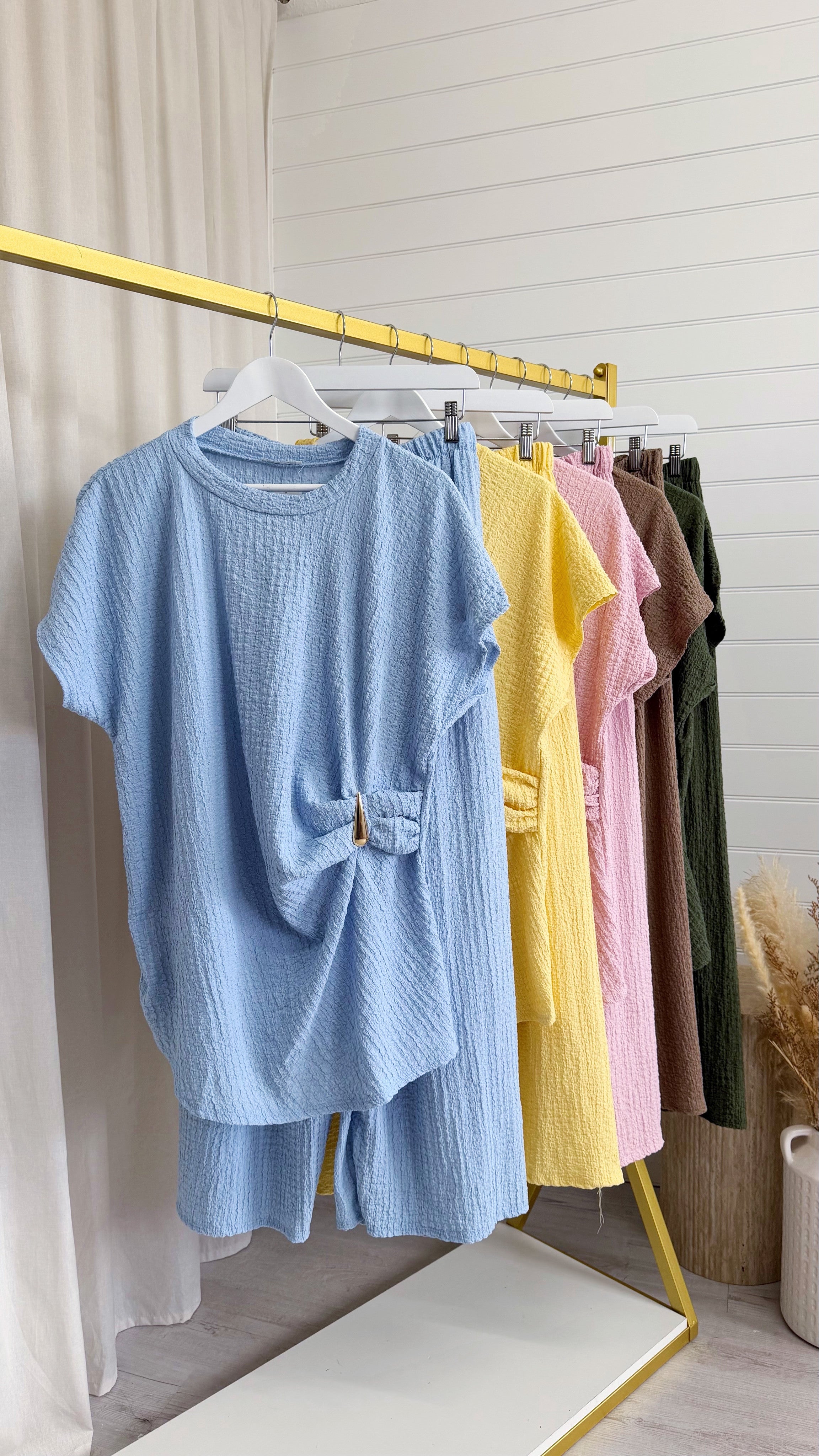 Gold Clasp Ruched Top and Wide Leg Trousers Co-Ord - BABY BLUE