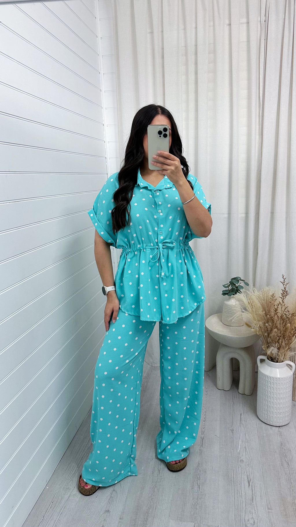 Polka Dot Cinched Shirt and Trousers Co-Ord - AQUA