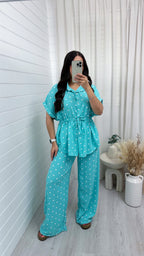 Polka Dot Cinched Shirt and Trousers Co-Ord - AQUA