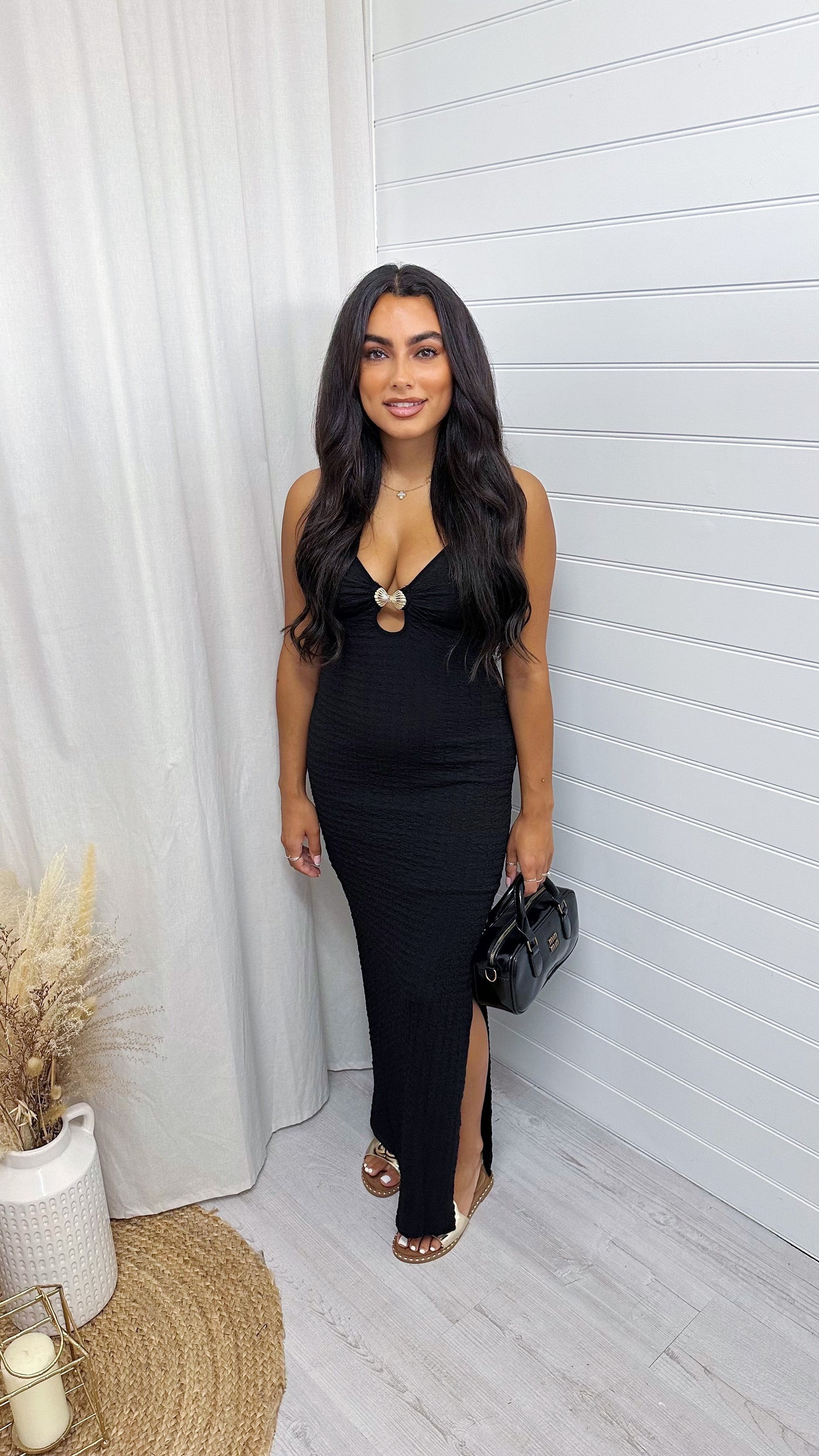 Seashell Buckle Plunge Maxi Dress - BLACK