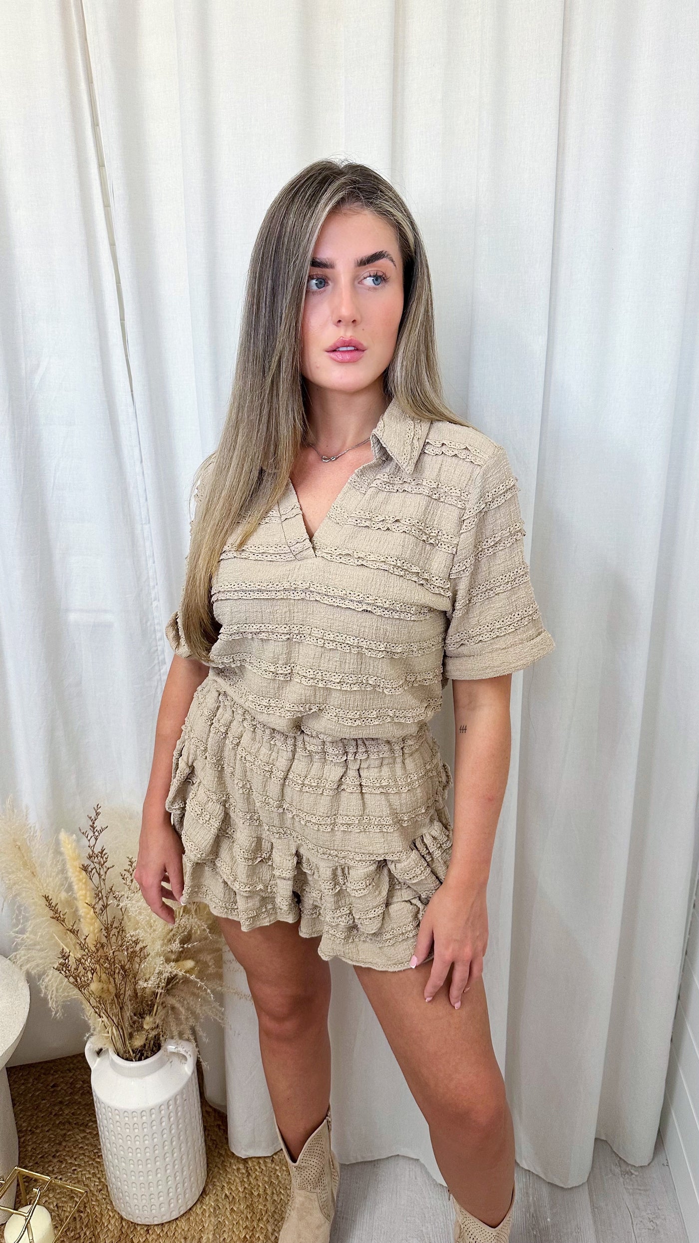 Frill Layered V Neck Top and Skort Co-Ord - TAUPE