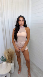 3 Piece Sequin Mesh Bodysuit, Bralette and Shorts Co-Ord - PEACH