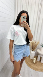 Broderie Anglaise Hem Denim Shorts - BLUE