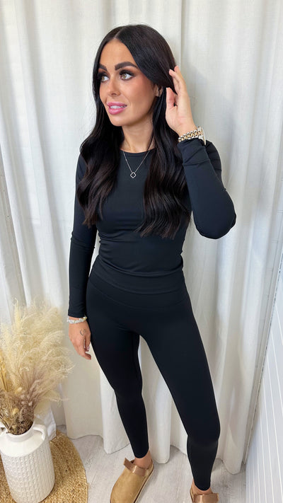 Long Sleeve Top and Leggings Activewear Set - BLACK