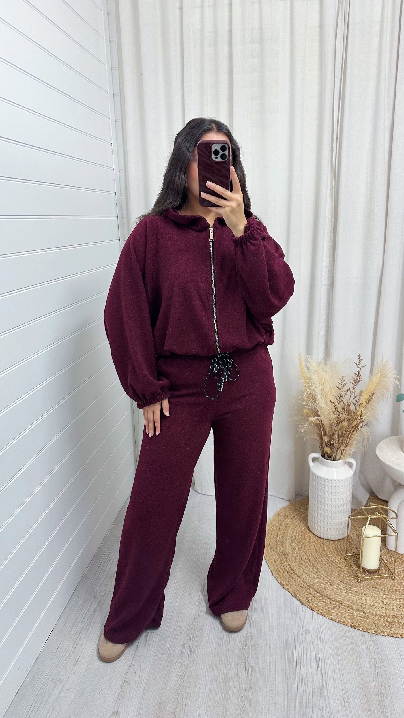 Shimmery Knitted  Bomber Jacket and Joggers Co-Ord - WINE