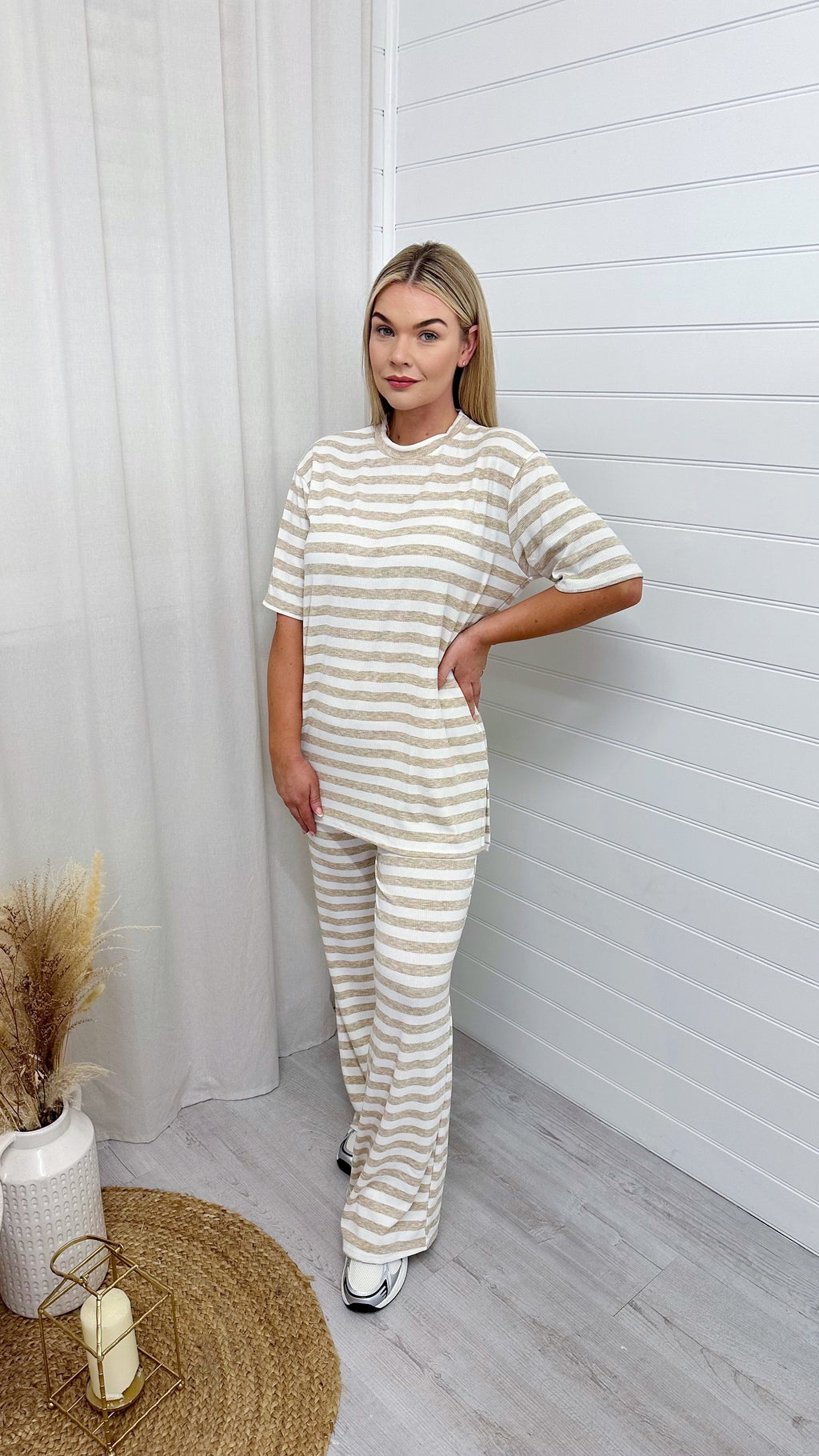 PLUS Soft Premium Ribbed T-Shirt and Straight Leg Trousers Co-Ord - BEIGE