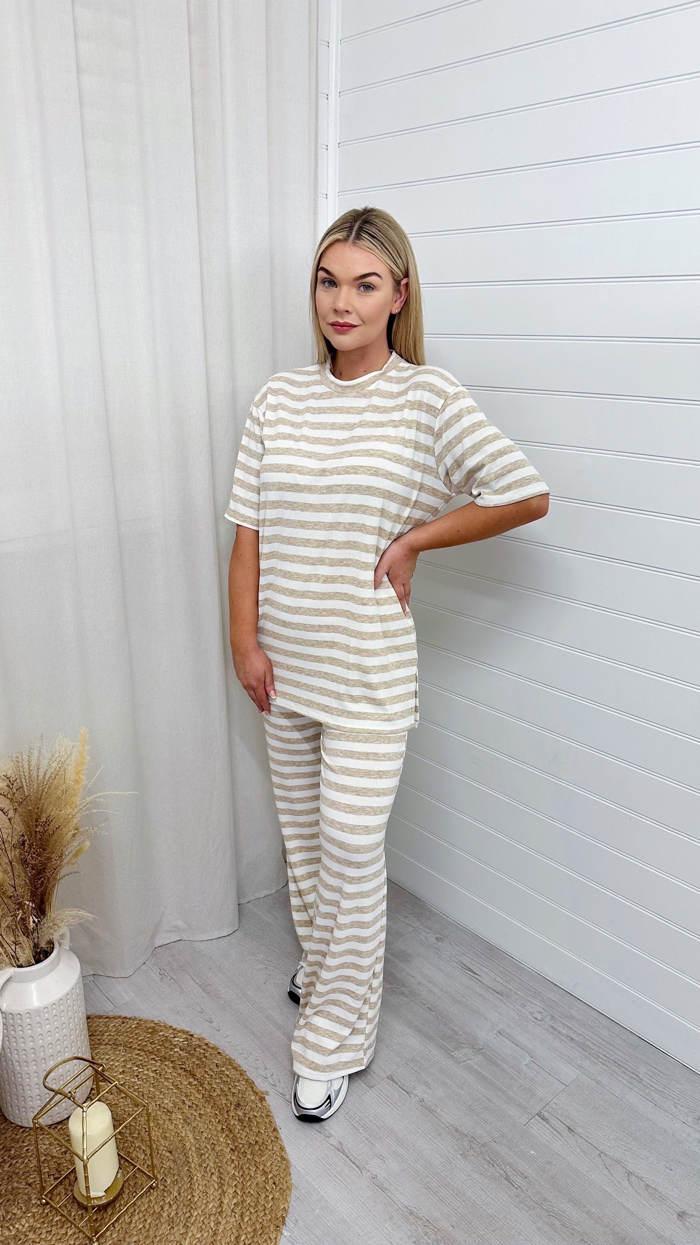 PLUS Soft Premium Ribbed T-Shirt and Straight Leg Trousers Co-Ord - BEIGE