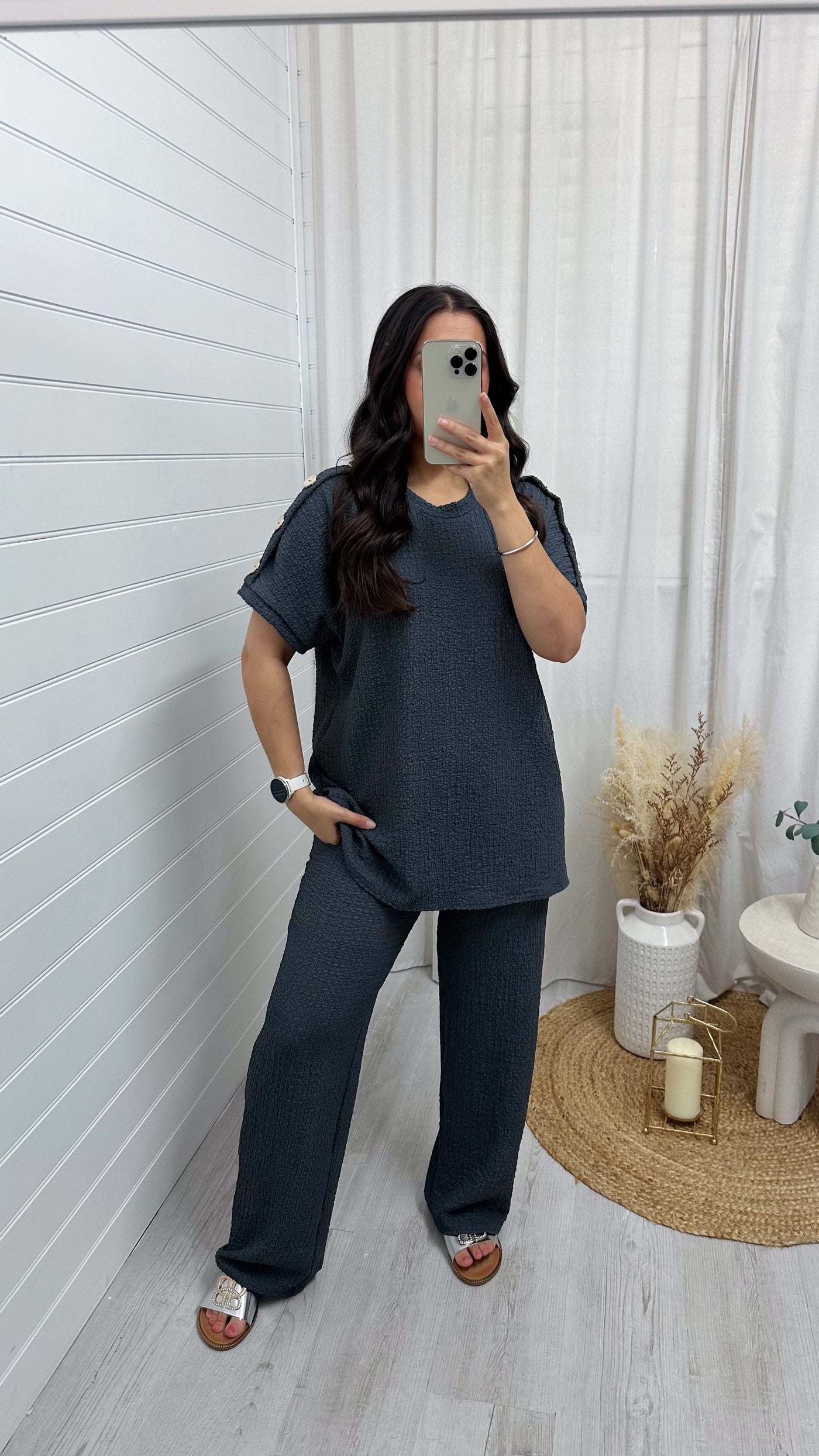 Cheesecloth Gold Button T-Shirt and Trousers Co-Ord - CHARCOAL