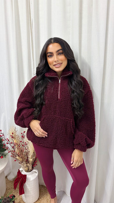 Teddy Fleece Quarter Zip Sweatshirt - WINE