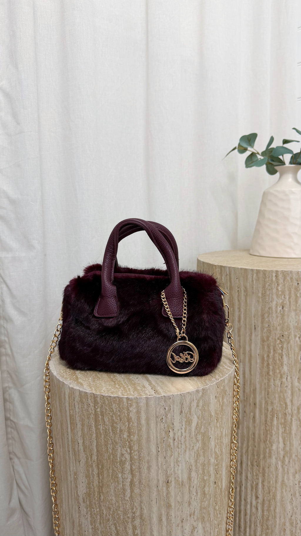 Top Handle Mini Faux Fur Bag - BURGUNDY