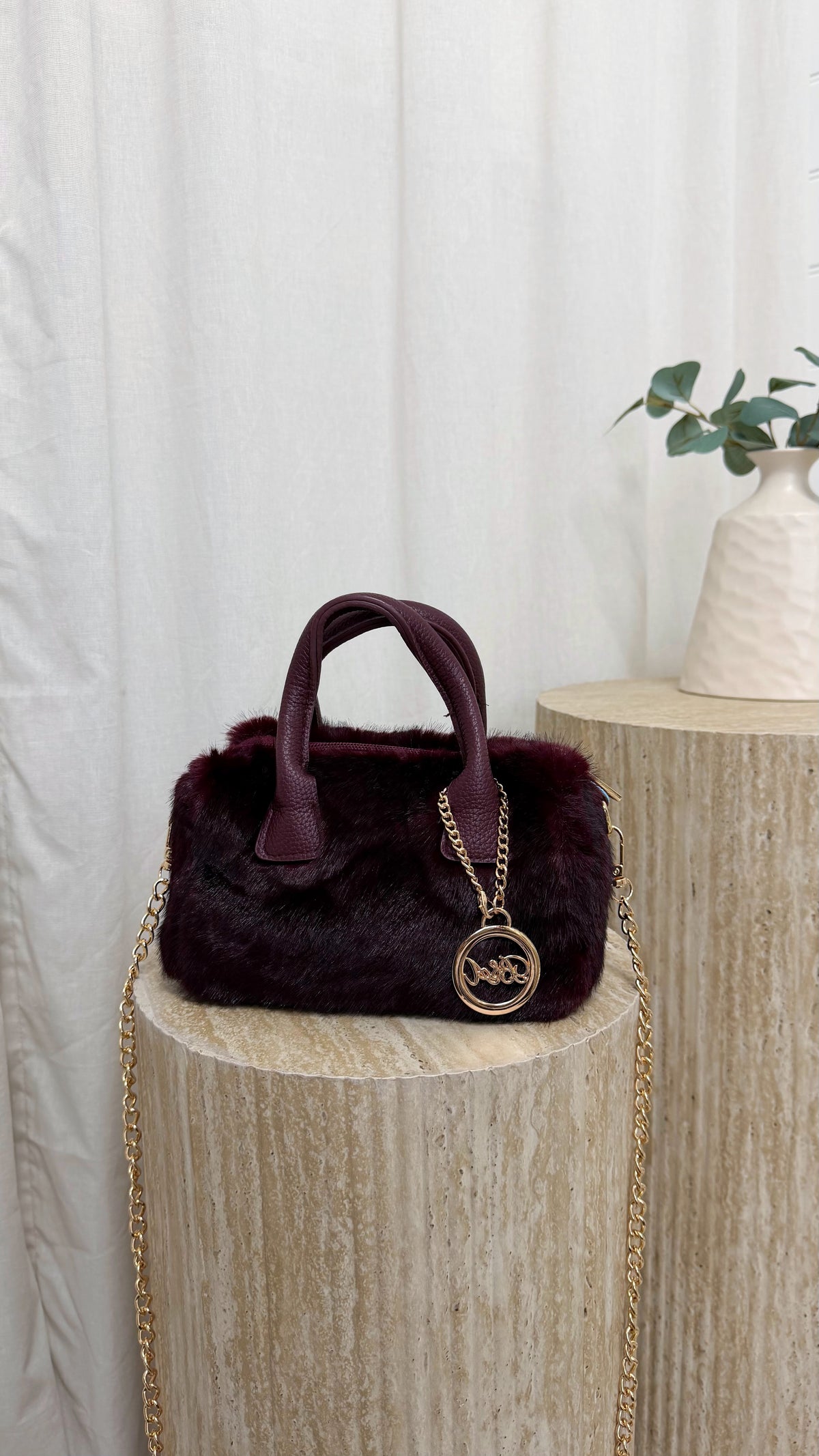 Top Handle Mini Faux Fur Bag - BURGUNDY