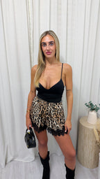 Leopard Print Lace Hem Shorts