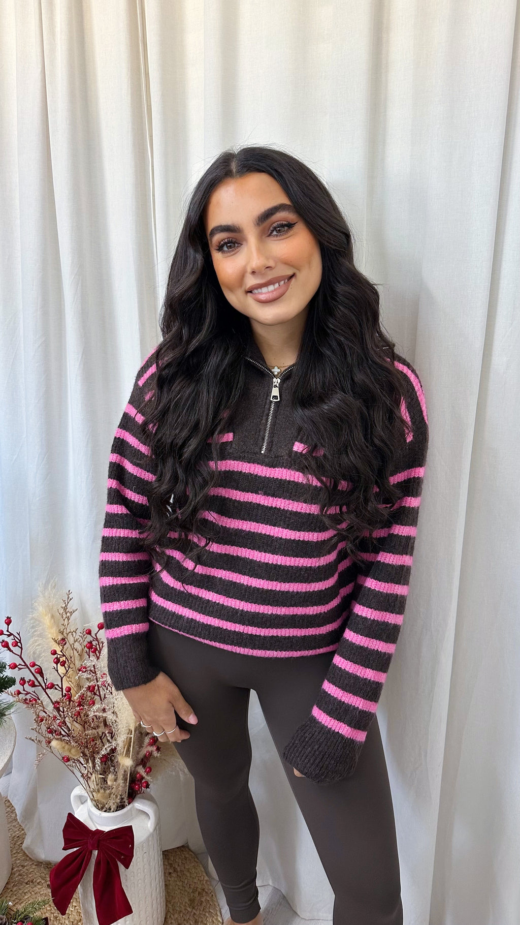 Half Zip Woollen Stripey Jumper - BROWN/PINK