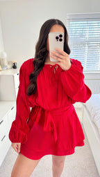 Chiffon Shoulder Padded Dress - RED