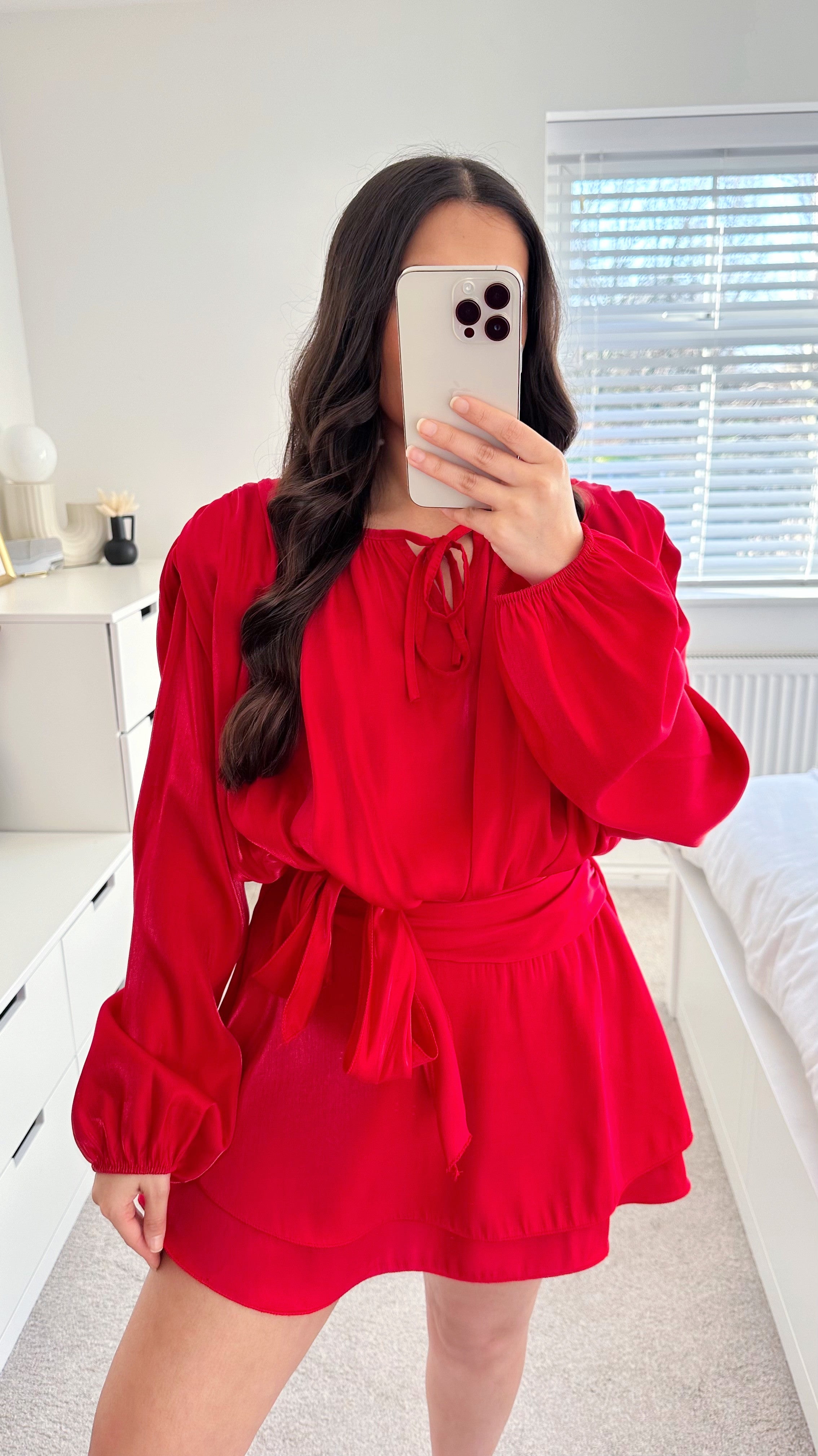 Chiffon Shoulder Padded Dress - RED