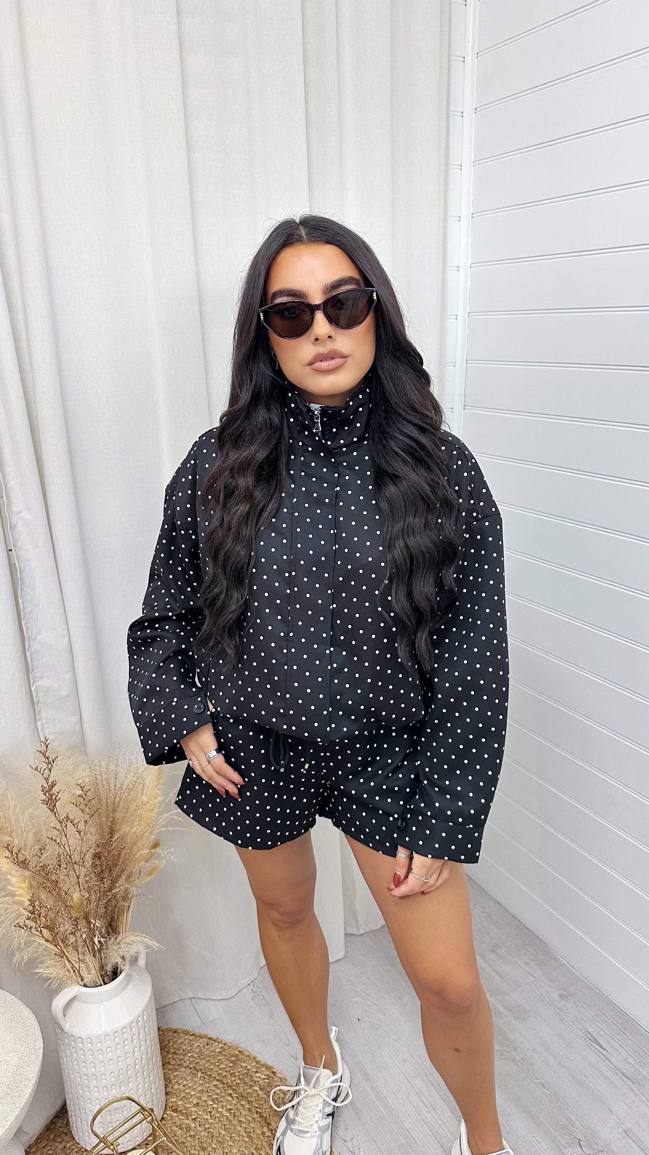 Polka Dot Bomber Jacket and Shorts Co-Ord - BLACK