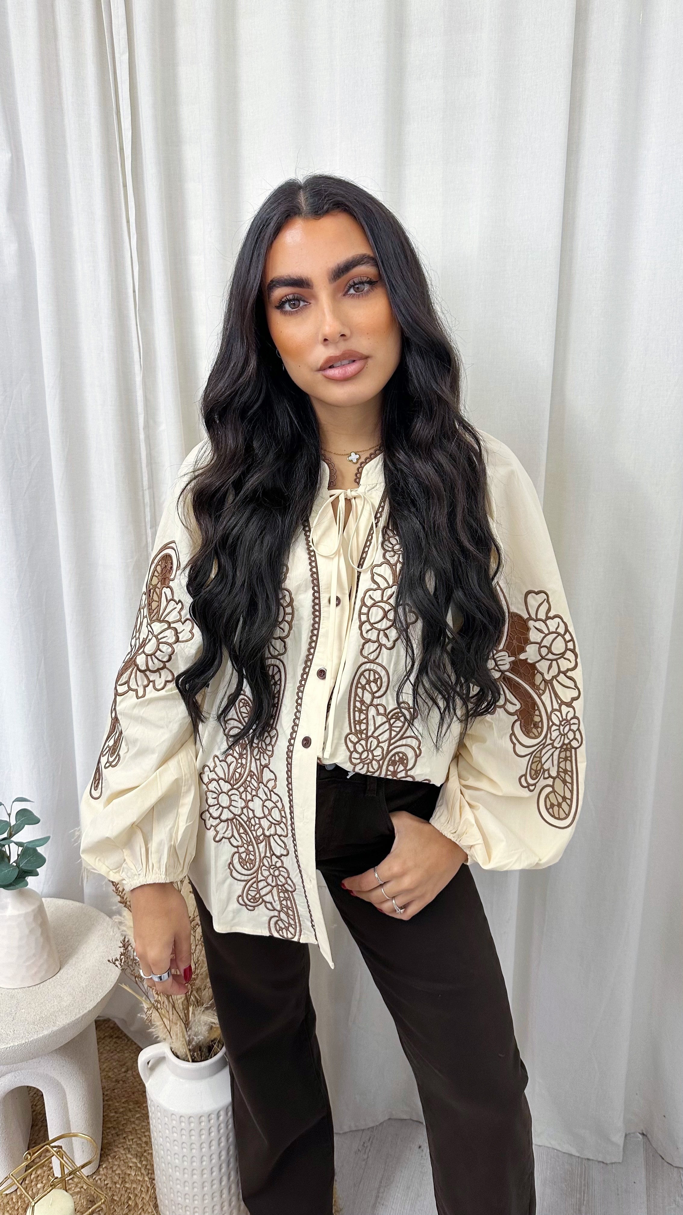 Paisley Embroidered Balloon Sleeve Shirt - BEIGE/BROWN