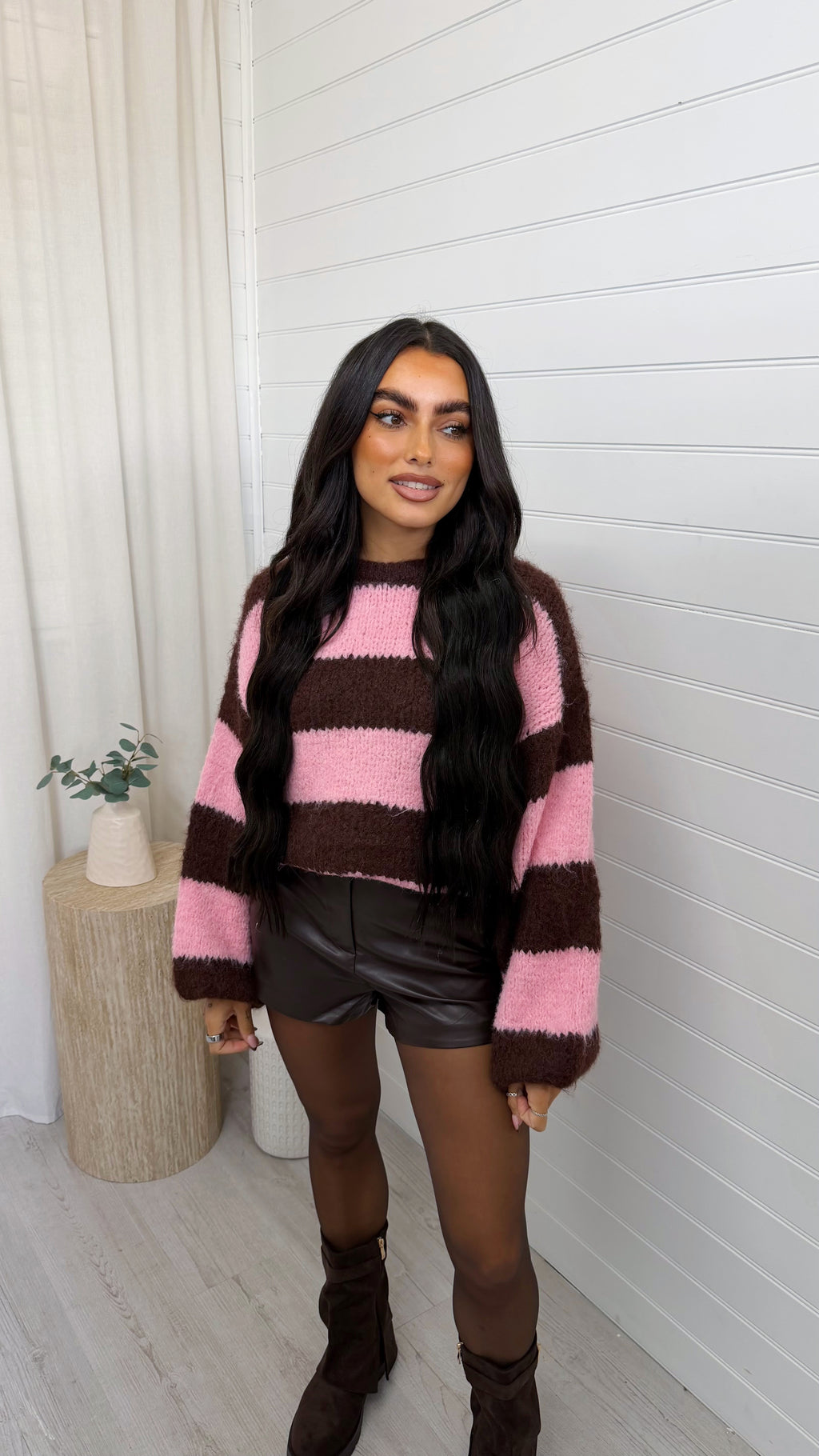 Chunky Stripe Woollen Jumper - PINK/BROWN