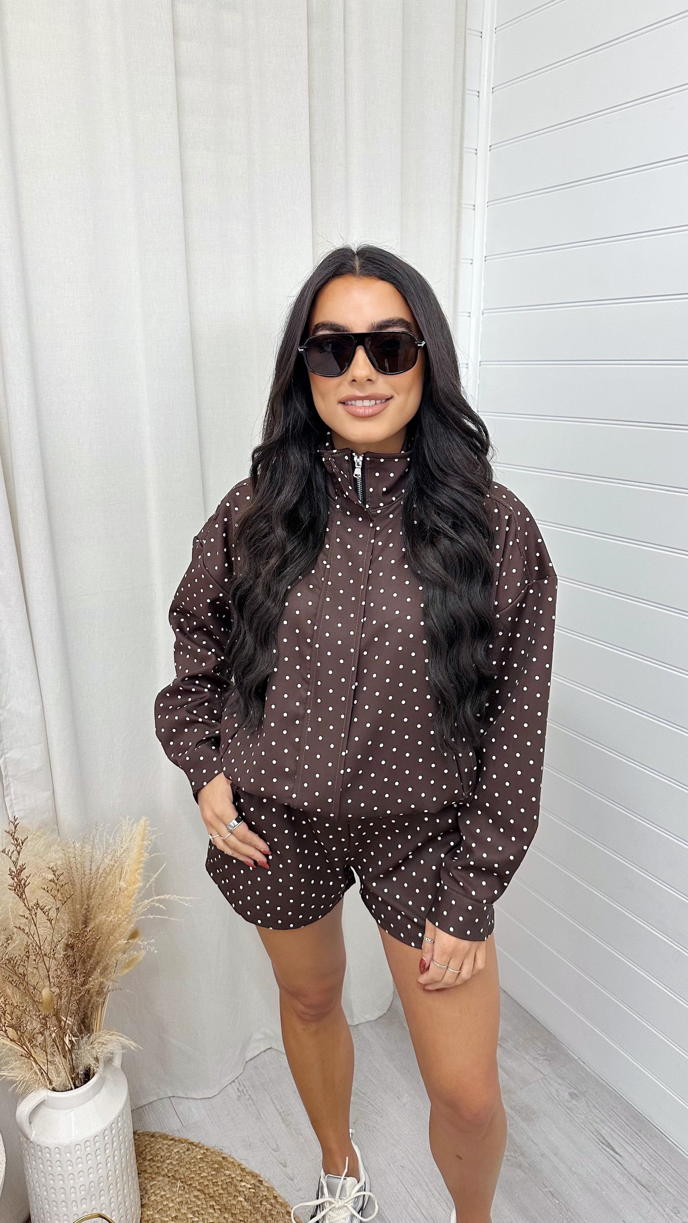 Polka Dot Bomber Jacket and Shorts Co-Ord - BROWN
