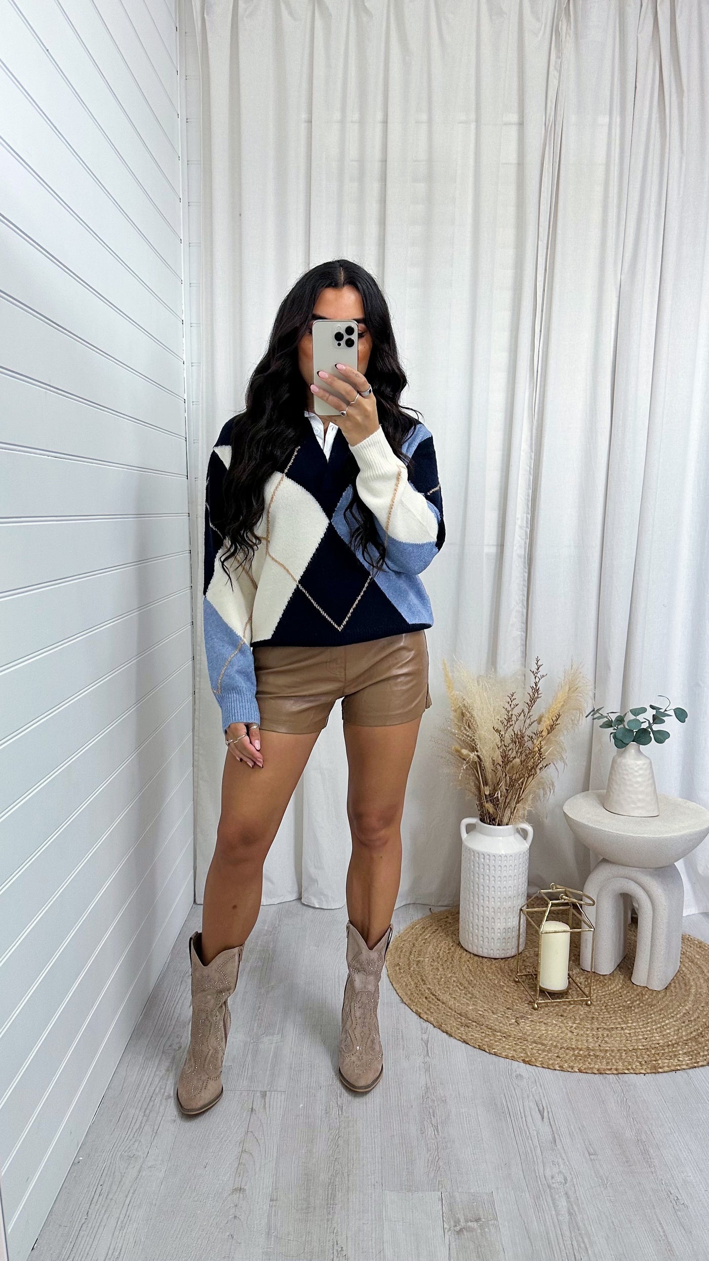 Argyle Knitted Insert Jumper - BLUE