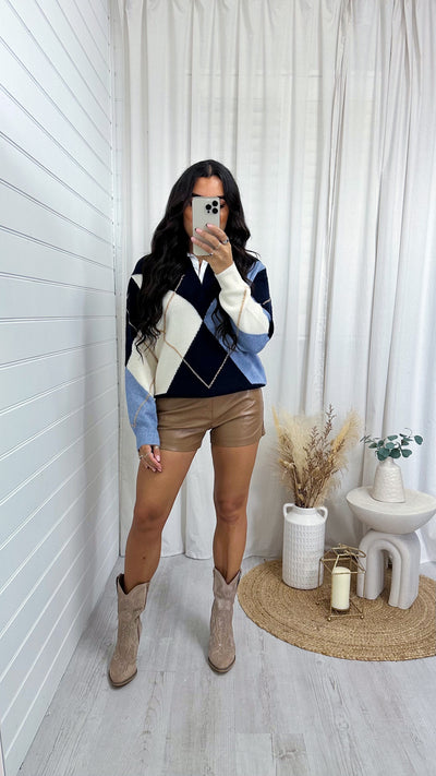 Argyle Knitted Insert Jumper - BLUE