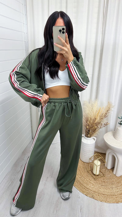 Retro Side Stripe Bomber Jacket and Joggers Tracksuit - KHAKI